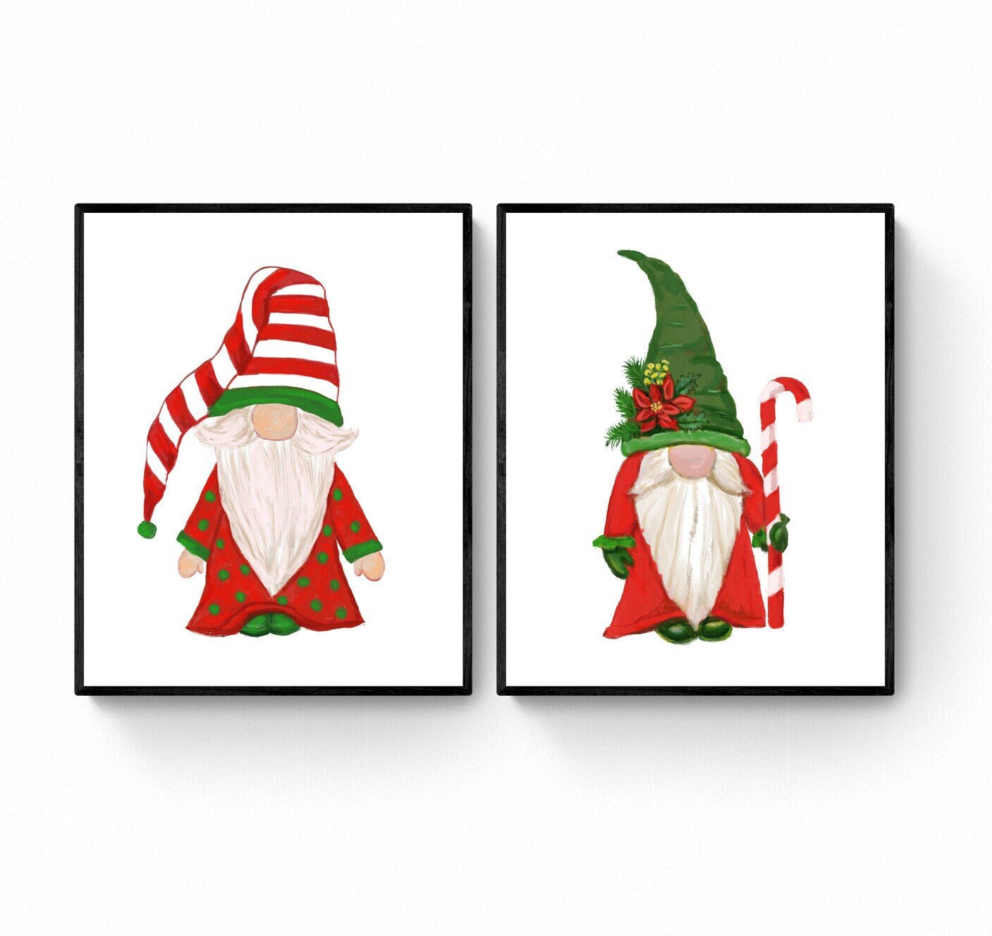 Set of 2 Gnome Prints, Winter Christmas Art, Gnome Gift, New Years Art, Winter Home Decor, Xmas Gnome, Unique Gifts, Red and Green Artwork - MerikaArt