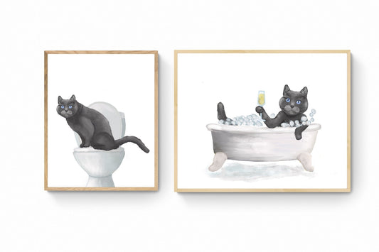 Set of 2 Gray Cat Bathroom Wall Art - MerikaArt