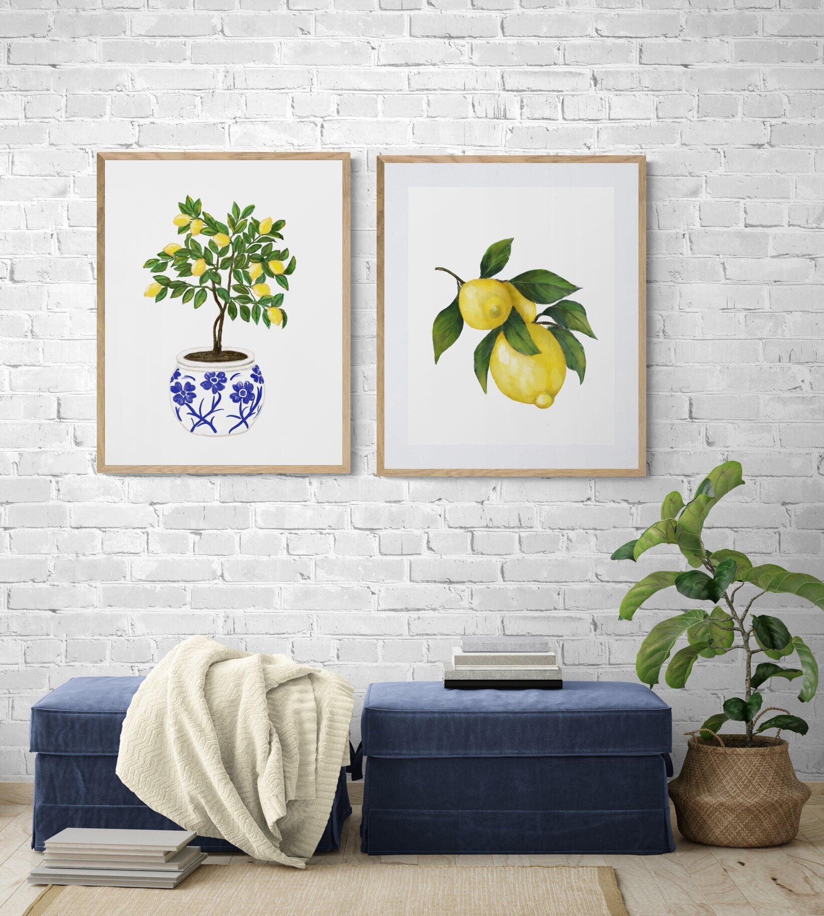 Set of 2 Lemon and Tree Art Print, Lemons Wall Art, Blue and White Planter, Dining Room Decor, Citrus Painting, Farmhouse Decor - MerikaArt