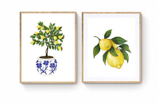 Set of 2 Lemon and Tree Art Print, Lemons Wall Art, Blue and White Planter, Dining Room Decor, Citrus Painting, Farmhouse Decor - MerikaArt