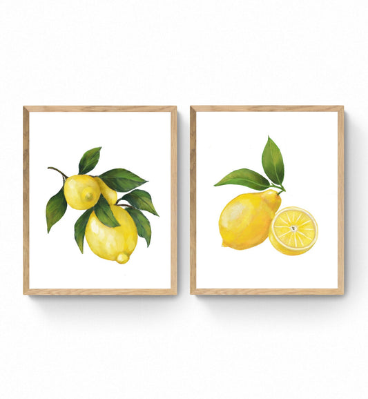 Set of 2 Lemon Art Print, Lemons Wall Art, Kitchen Wall Hanging, Dining Room Decor, Citrus Painting, Fruit Illustration, Farmhouse Decor - MerikaArt