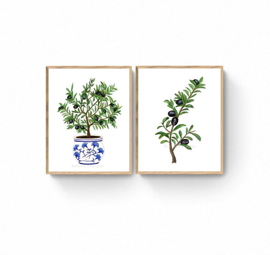 Set of 2 Olive Branch and Tree Art Prints, Still Life Wall Art, Dining Room Decor, Botanical Painting, Plant Illustration, Farmhouse Decor - MerikaArt