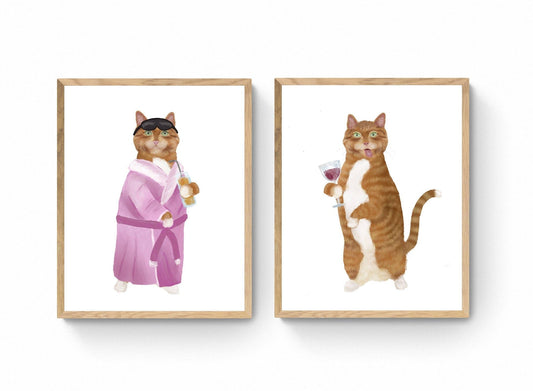 Set of 2 Orange Tabby with Wine Art Prints, Hangover Cat Print, Cat Drinking Wine Art, Drunk Cat Illustration, Home Decor, Hungover Painting - MerikaArt