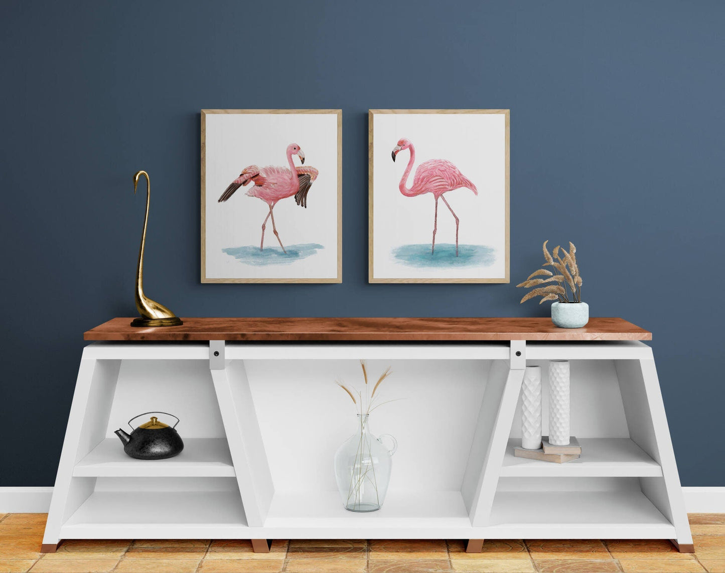 Set of 2 Pink Flamingo Flapping Wings Print, Flamingo Flapping Wings Print, Beach House Wall Art, Living Room Wall Art, Flamingo Art Print - MerikaArt