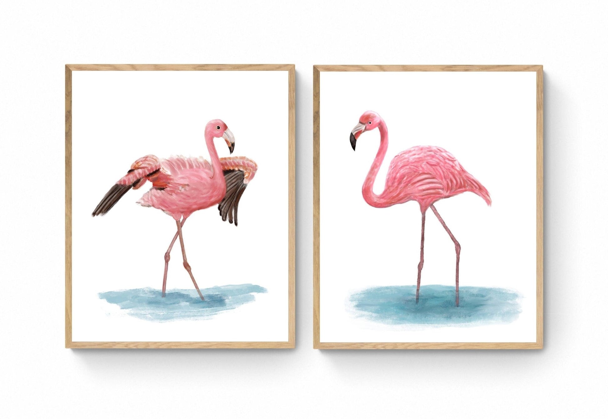 Set of 2 Pink Flamingo Flapping Wings Print, Flamingo Flapping Wings Print, Beach House Wall Art, Living Room Wall Art, Flamingo Art Print - MerikaArt