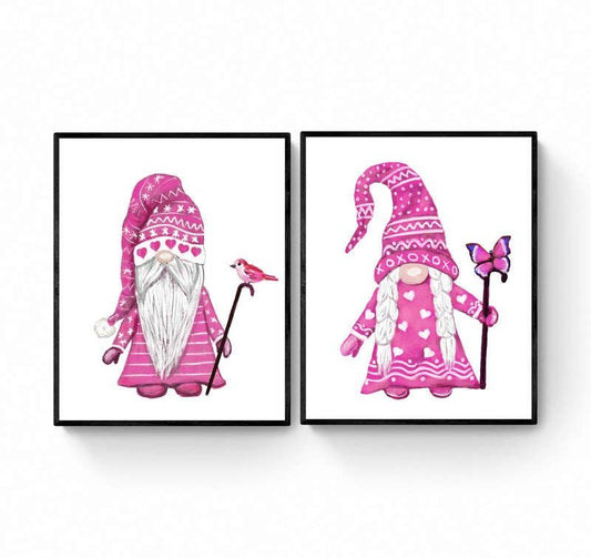 Set of 2 Pink Gnome Wall Art Prints, Valentines Day Artwork, Love Wall Art, Valentines Decor, I Love You Art, Holiday Wall Hanging - MerikaArt
