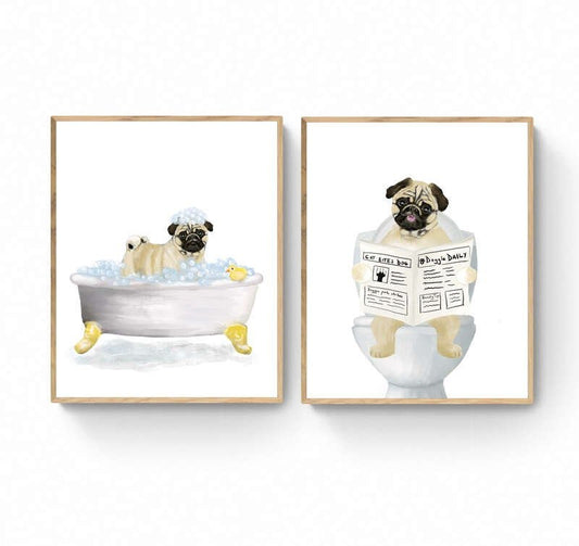 Set of 2 Pug In Bath Prints, Dog Sitting on Toilet Print, Bathroom Art, Bathroom Dog Painting, Dog Reading Newspaper Print, Pug Lover Gift - MerikaArt