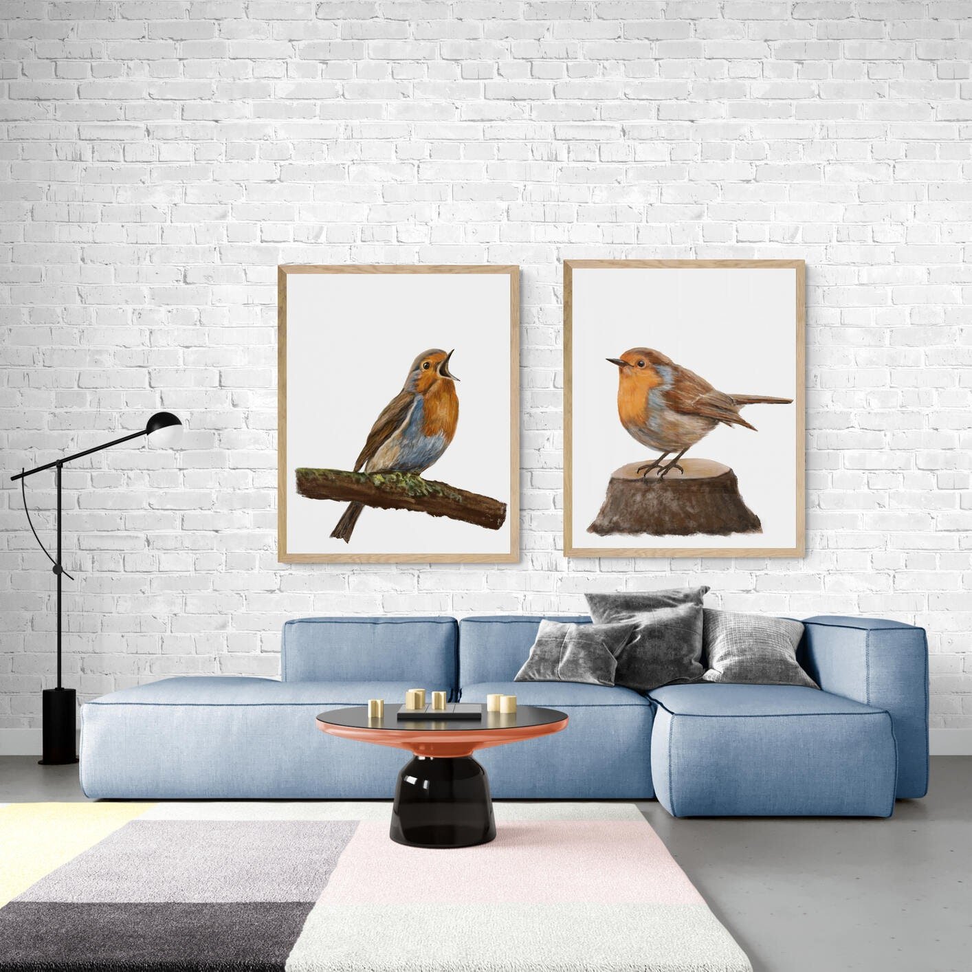 Set of 2 Robin Bird Prints, Robin Bird Painting, Red Bellied Bird Print, Robin Holiday Print, Living Room Art, Bird Print Gift, Mom Gift - MerikaArt