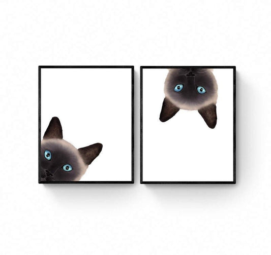 Set of 2 Siamese Cat Peeking Wall Art, Cute Cat Art Print, Siamese Kitten Painting, Cat Portrait, Cat Memorial, Cat Lover Gift - MerikaArt