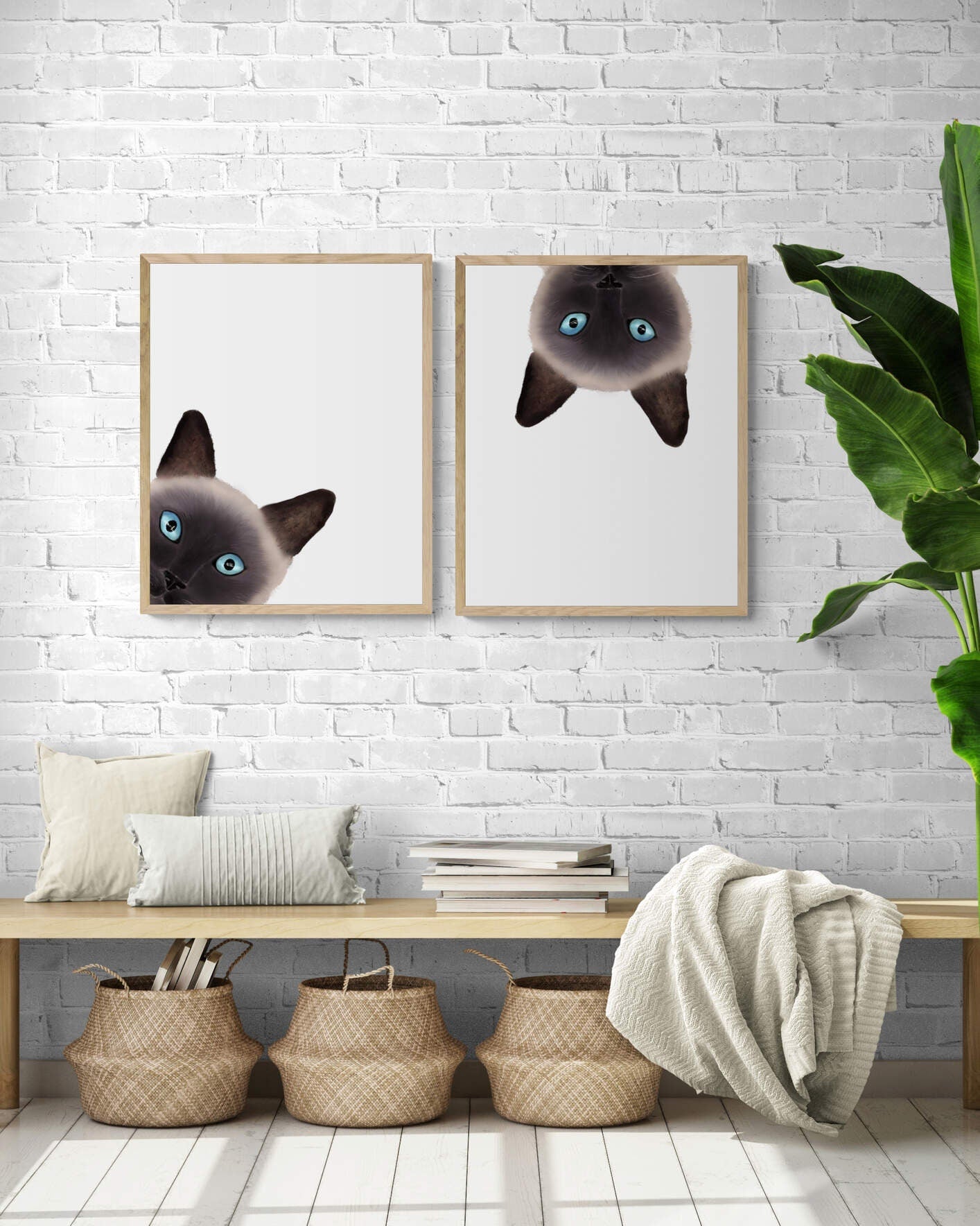 Set of 2 Siamese Cat Peeking Wall Art, Cute Cat Art Print, Siamese Kitten Painting, Cat Portrait, Cat Memorial, Cat Lover Gift - MerikaArt