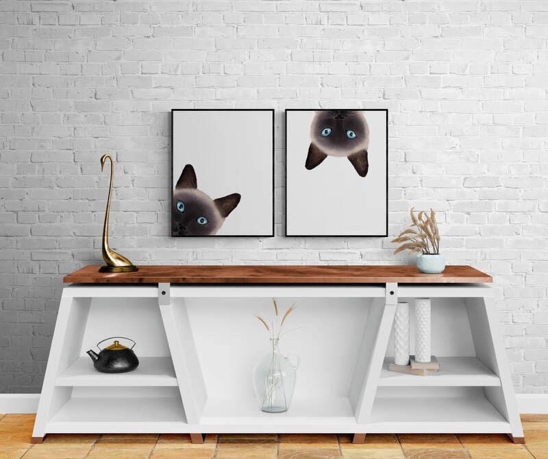 Set of 2 Siamese Cat Peeking Wall Art, Cute Cat Art Print, Siamese Kitten Painting, Cat Portrait, Cat Memorial, Cat Lover Gift - MerikaArt