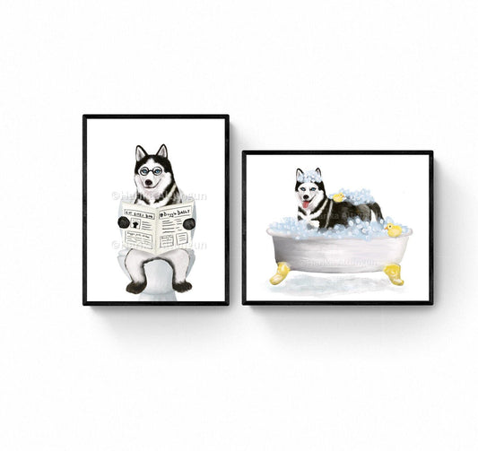 Set of 2 Siberian Husky In Bath Prints, Dog Sitting on Toilet Print, Bathroom Dog Painting, Dog Reading Newspaper Print, Husky Lover Gift - MerikaArt
