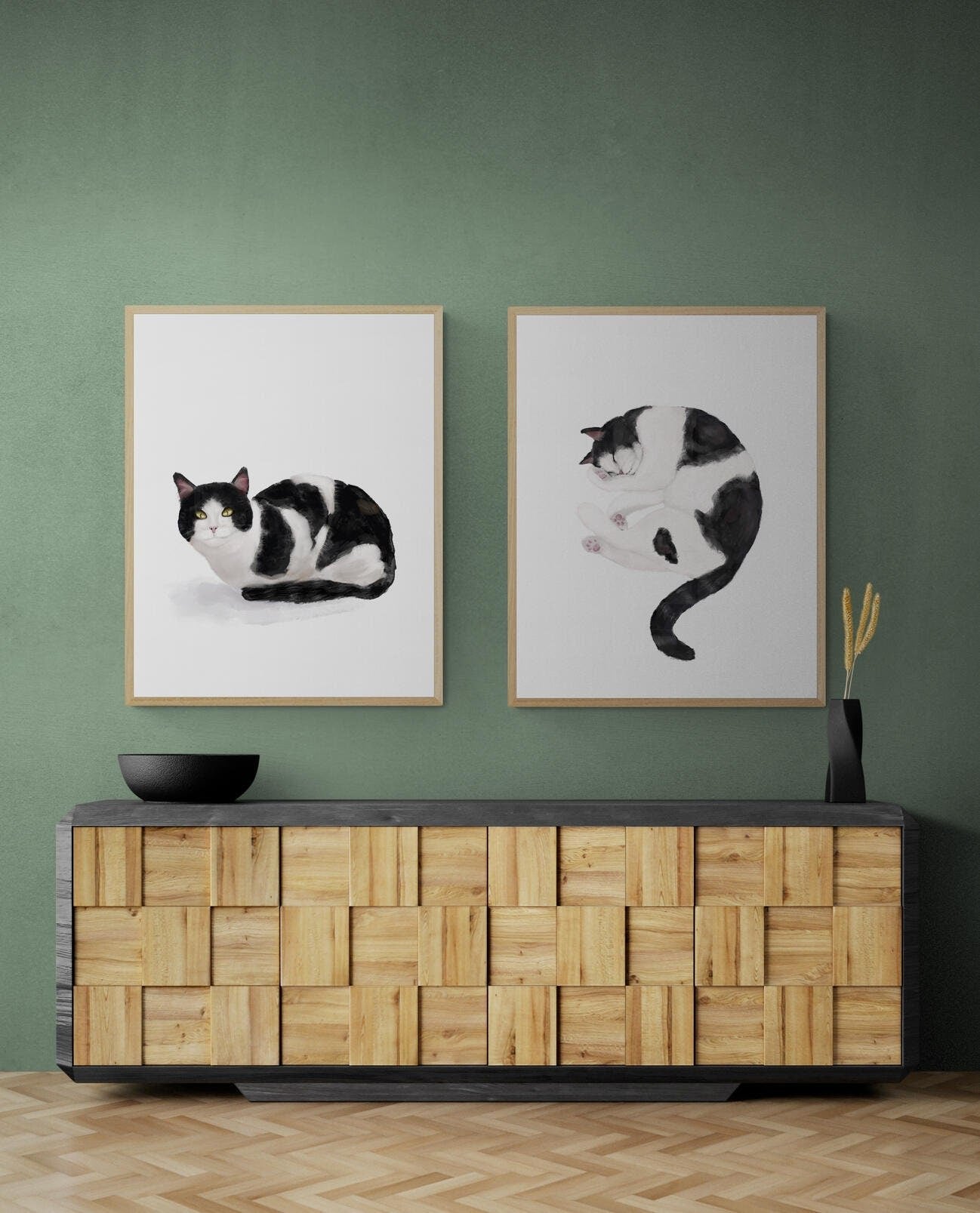 Set of 2 Tuxedo Black and White Cat Print - MerikaArt