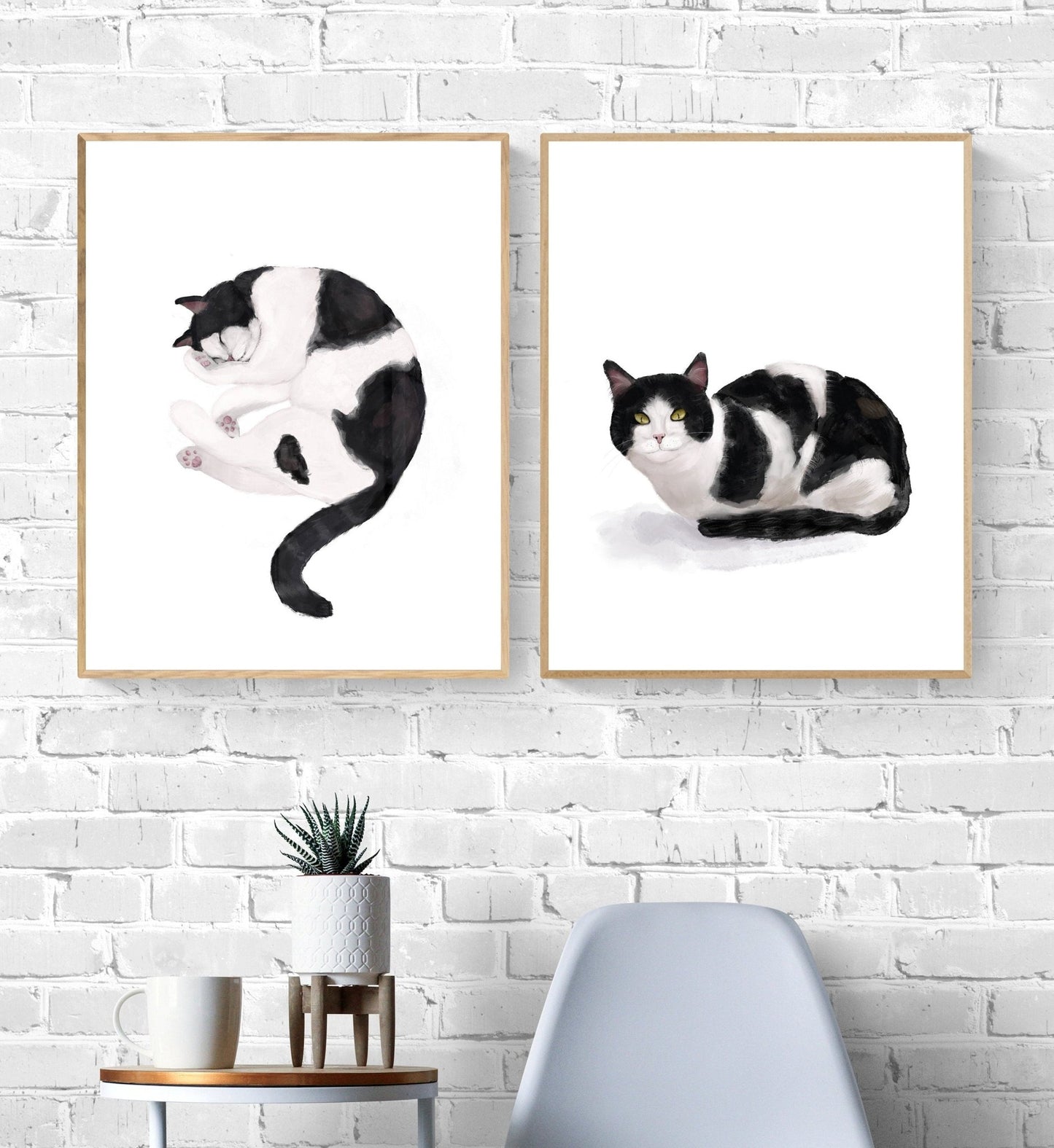 Set of 2 Tuxedo Black and White Cat Print - MerikaArt