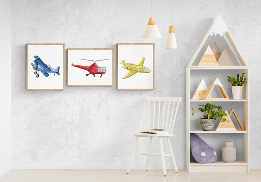 Set of 3 Airplane Wall Art, Kids Transportation Print, Vintage Plane Painting, Playroom and Nursery Art, Kids Adventure Art, Boys Room Gift - MerikaArt
