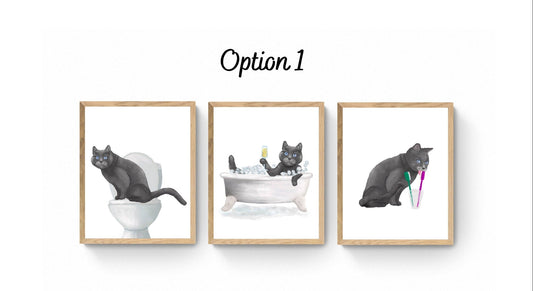 Set of 3 British Short Hair Cat Bathroom Wall Artwork, Bathroom Wall Decor, Cute Gray Cat In Bath Art, Cat On Toilet Print, Cat Lover Gift - MerikaArt