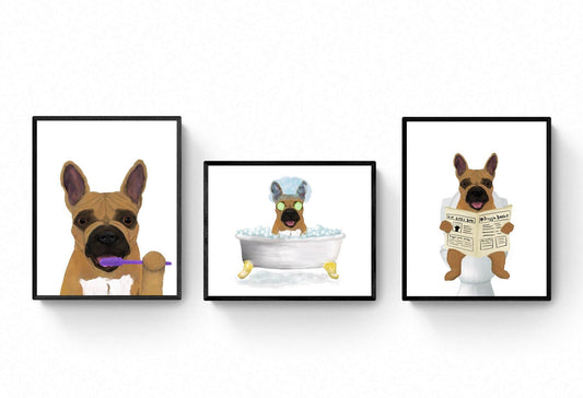 Set of 3 French Bulldog In Bathroom, Brown Frenchie with Toothbrush, Brown dog on Toilet, Dog Painting, Dog In Bathtub Illustration Dog Art, - MerikaArt