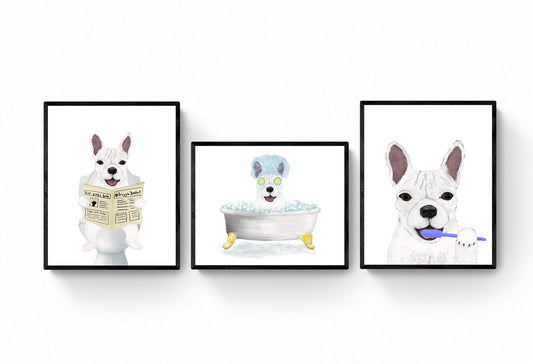 Set of 3 French Bulldog In Bathroom, White Frenchie with Toothbrush, White dog on Toilet, Dog Painting, Dog In Bathtub Illustration - MerikaArt