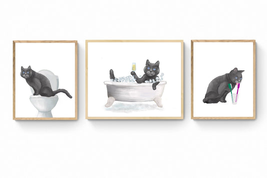 Set of 3 Gray Cat Bathroom Wall Art - MerikaArt