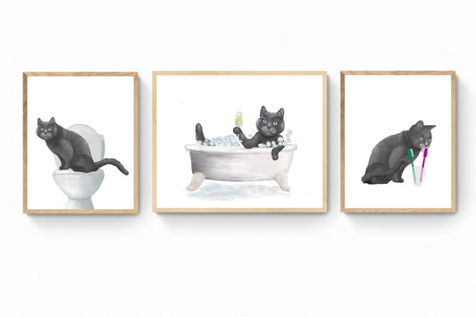 Set of 3 Gray Cat Bathroom Wall Art, Bathroom Wall Decor Set, Cute Gray Cat In Bath Art, Scottish Cat On Toilet Print, Cat Lover Gift, Cat - MerikaArt