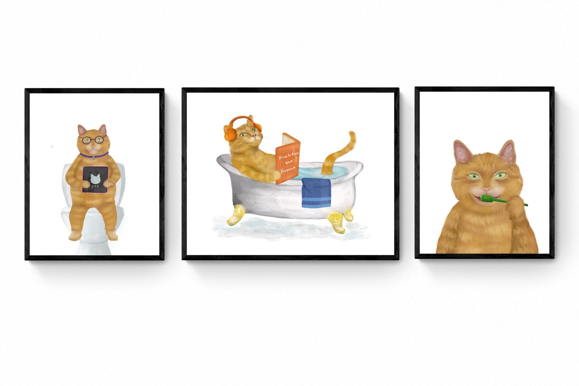 Set of 3 Orange Cat Bathroom Wall Art - MerikaArt