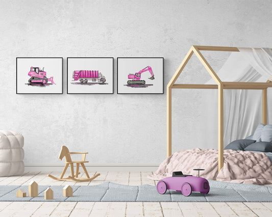 Set of 3 Original Pink Construction Vehicle Prints - MerikaArt