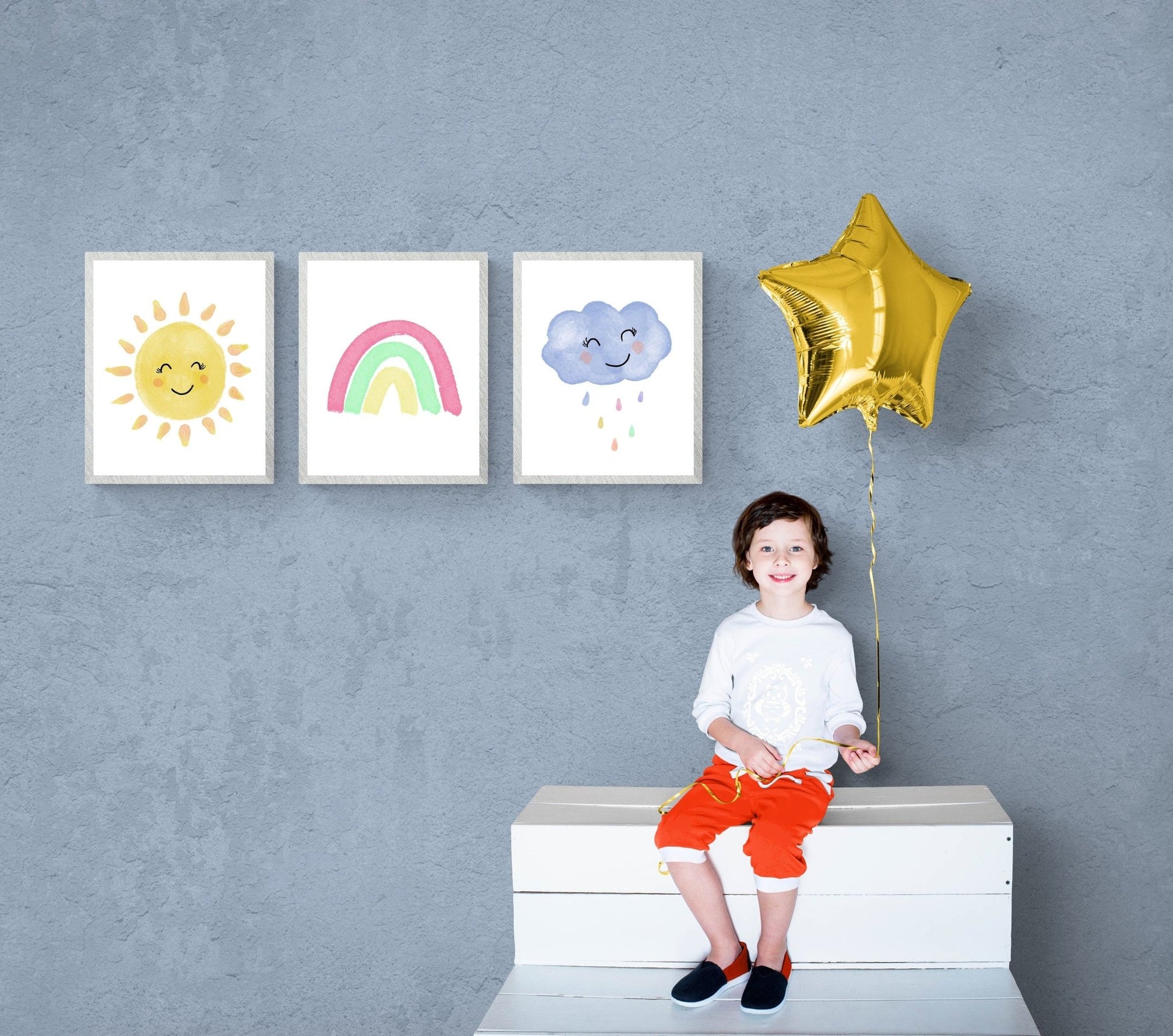 Set of 3 Original Sun Rainbow Cloud Print - MerikaArt