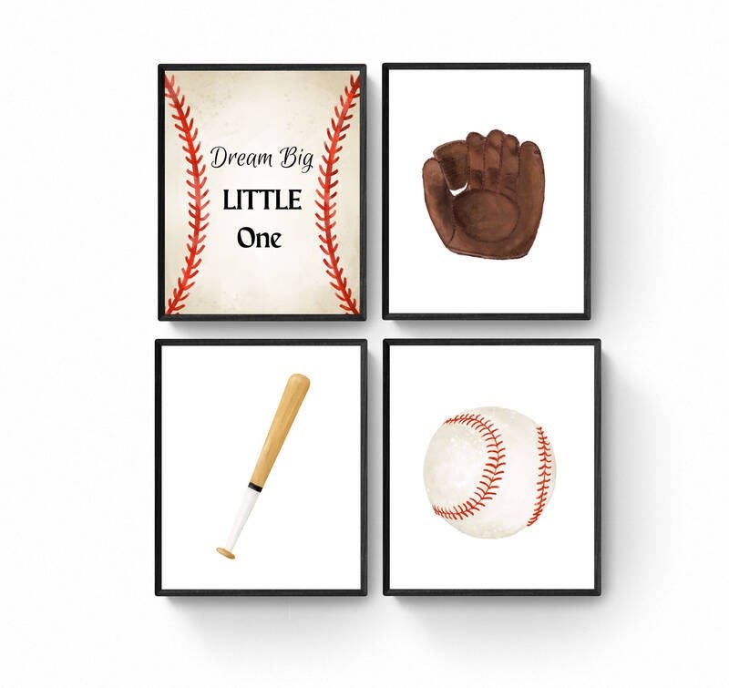 Set of 4 Baseball Prints, Sport Painting, Boys Room Wall Art, Girls Room Print, Toddler Wall Art, Nursery Decor, Sports Lover Gift - MerikaArt