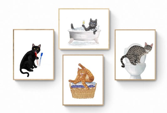 Set of 4 Cats in Bathroom Wall Art - MerikaArt