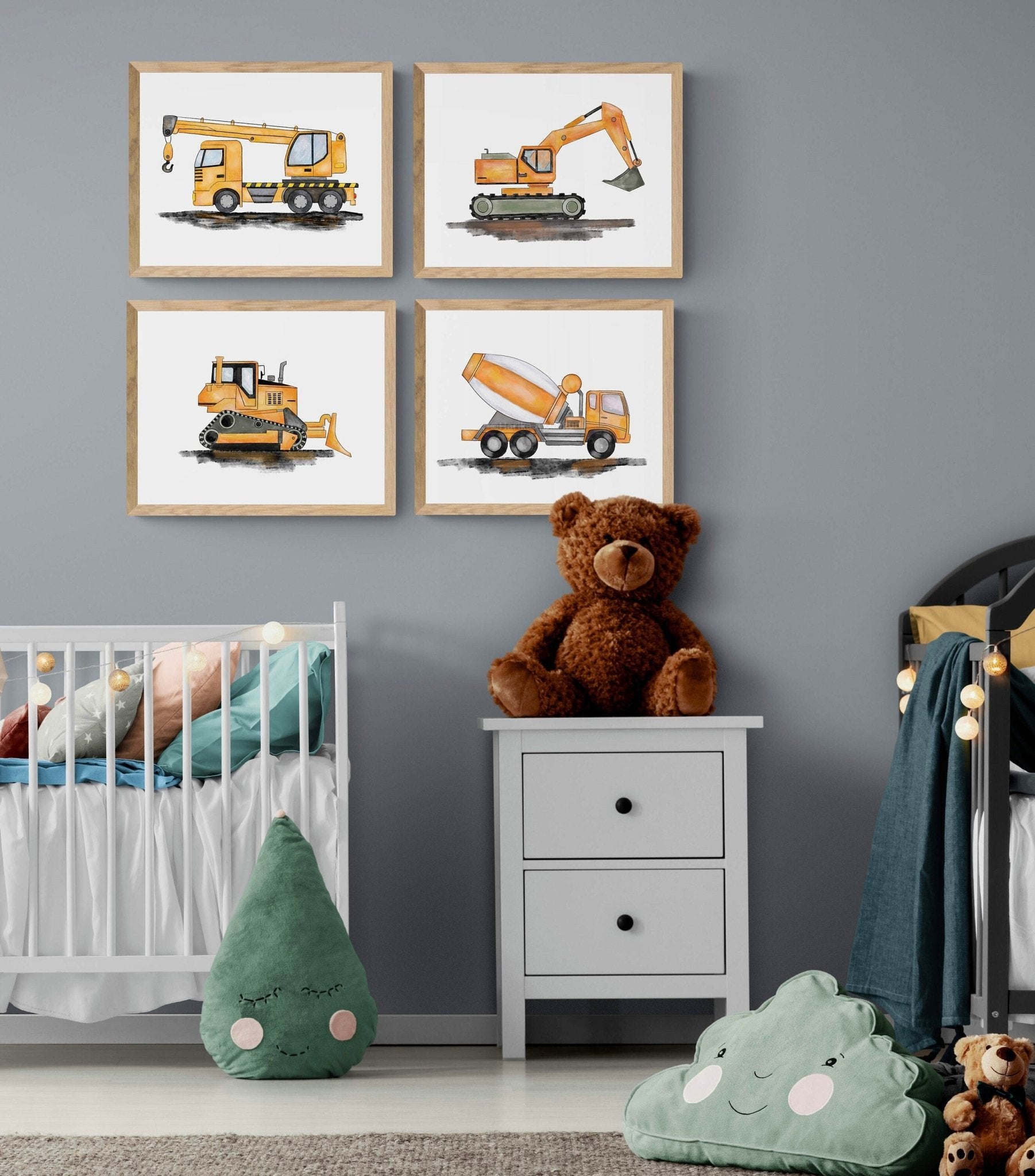 Set of 4 Construction Vehicle Prints, Horizontal Vertical Construction Wall Art, Boys Room Poster, Crane, Cement Truck, Excavator, Bulldozer - MerikaArt
