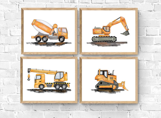 Set of 4 Construction Vehicle Prints, Horizontal Vertical Construction Wall Art, Boys Room Poster, Crane, Cement Truck, Excavator, Bulldozer - MerikaArt