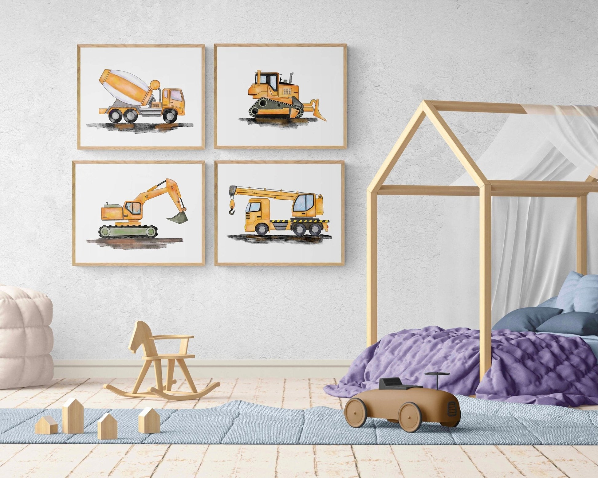Set of 4 Construction Vehicle Prints, Horizontal Vertical Construction Wall Art, Boys Room Poster, Crane, Cement Truck, Excavator, Bulldozer - MerikaArt