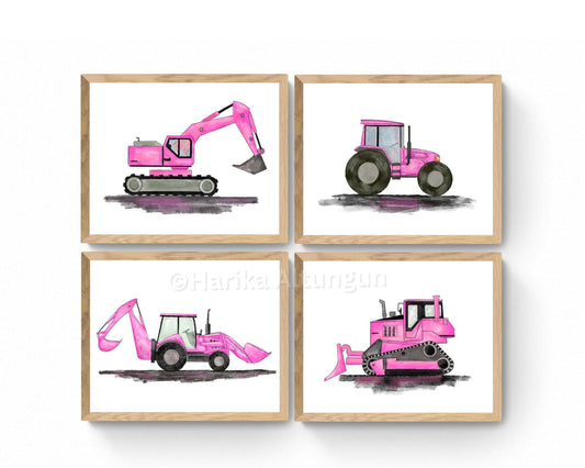 Set of 4 Pink Construction Vehicle Prints, Excavator Print, Backhoe Art, Girls Nursery Wall Art, Pink Bulldozer Art, Crane Truck Artwork - MerikaArt