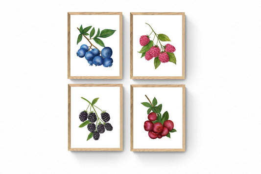 Set of 4 Raspberry Blackberry Cranberry Blueberry Art Print, Kitchen Dining Room Decor, Berry Painting, Fruit Illustration, Farmhouse Decor - MerikaArt