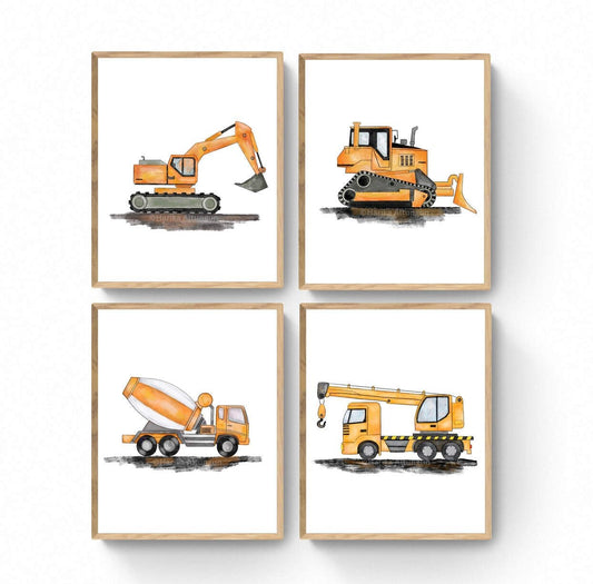 Set of 4 Vertical Construction Vehicle Prints, Construction Wall Art, Boys Room Poster, Crane, Cement Truck, Excavator, Bulldozer - MerikaArt