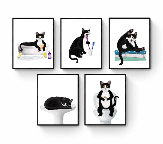 Set of 5 Tuxedo Cat Bathroom Wall Art, Bathroom Wall Decor Set, Cute Black and White Cat In Bath Art, Cat On Toilet Print, Cat Lover Gift - MerikaArt