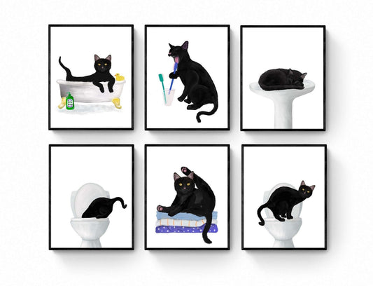 Set of 6 Black Cat Bathroom Wall Art, Bathroom Wall Decor Set, Cute Black Cat In Bath Artwork, Cat On Toilet Print, Cat Lover Gift - MerikaArt