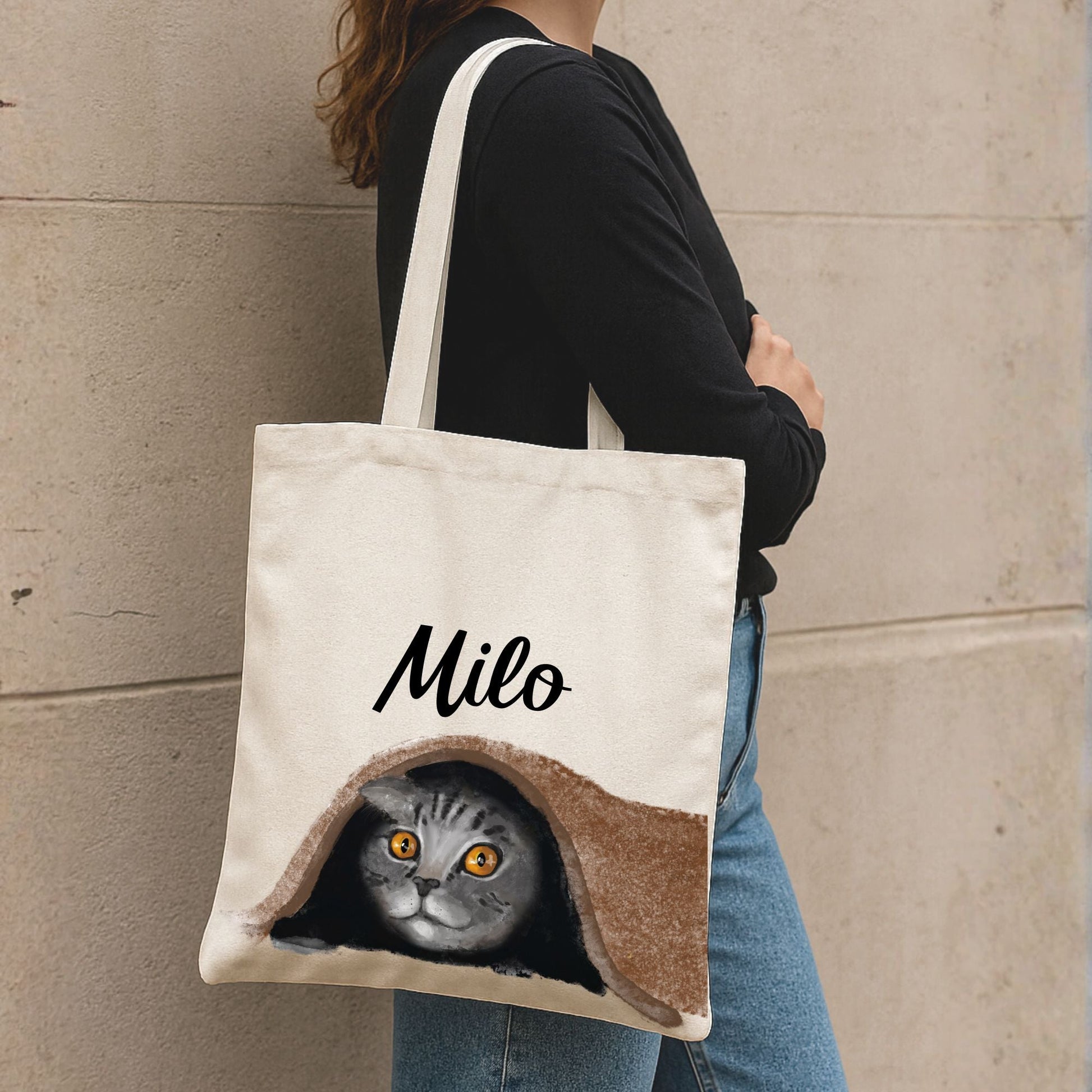 Shy Tabby Cat Under Blanket Illustration Canvas Tote Bag - MerikaArt