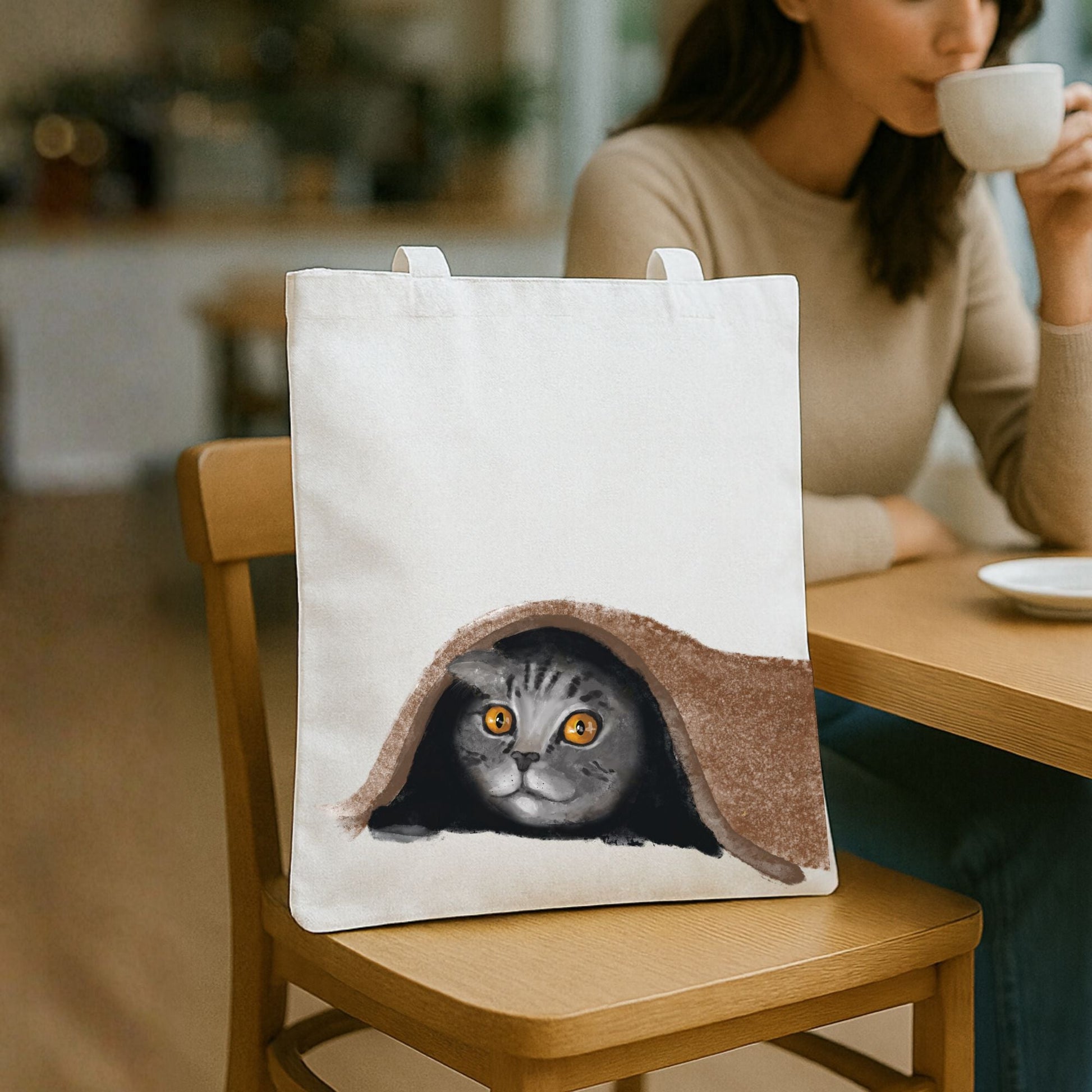 Shy Tabby Cat Under Blanket Illustration Canvas Tote Bag - MerikaArt