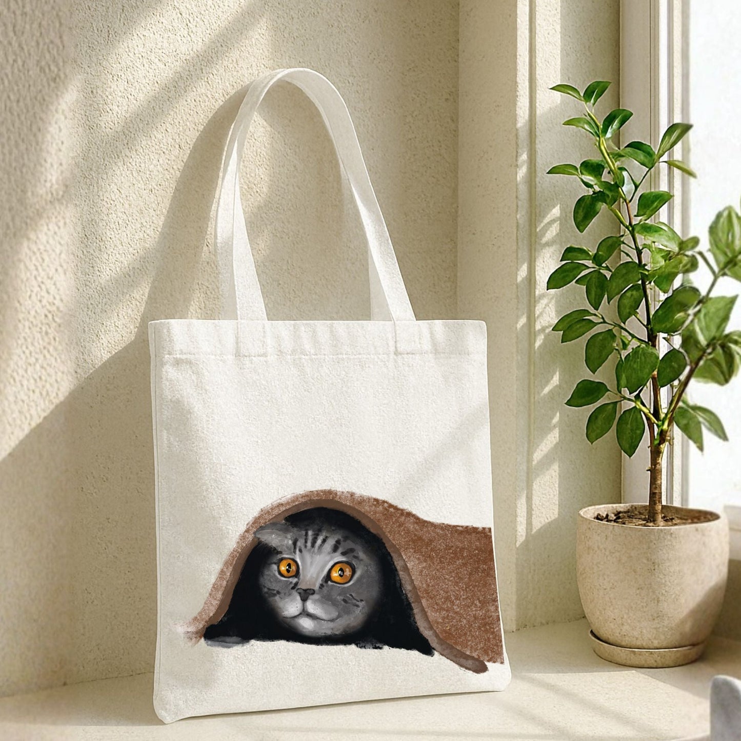Shy Tabby Cat Under Blanket Illustration Canvas Tote Bag - MerikaArt