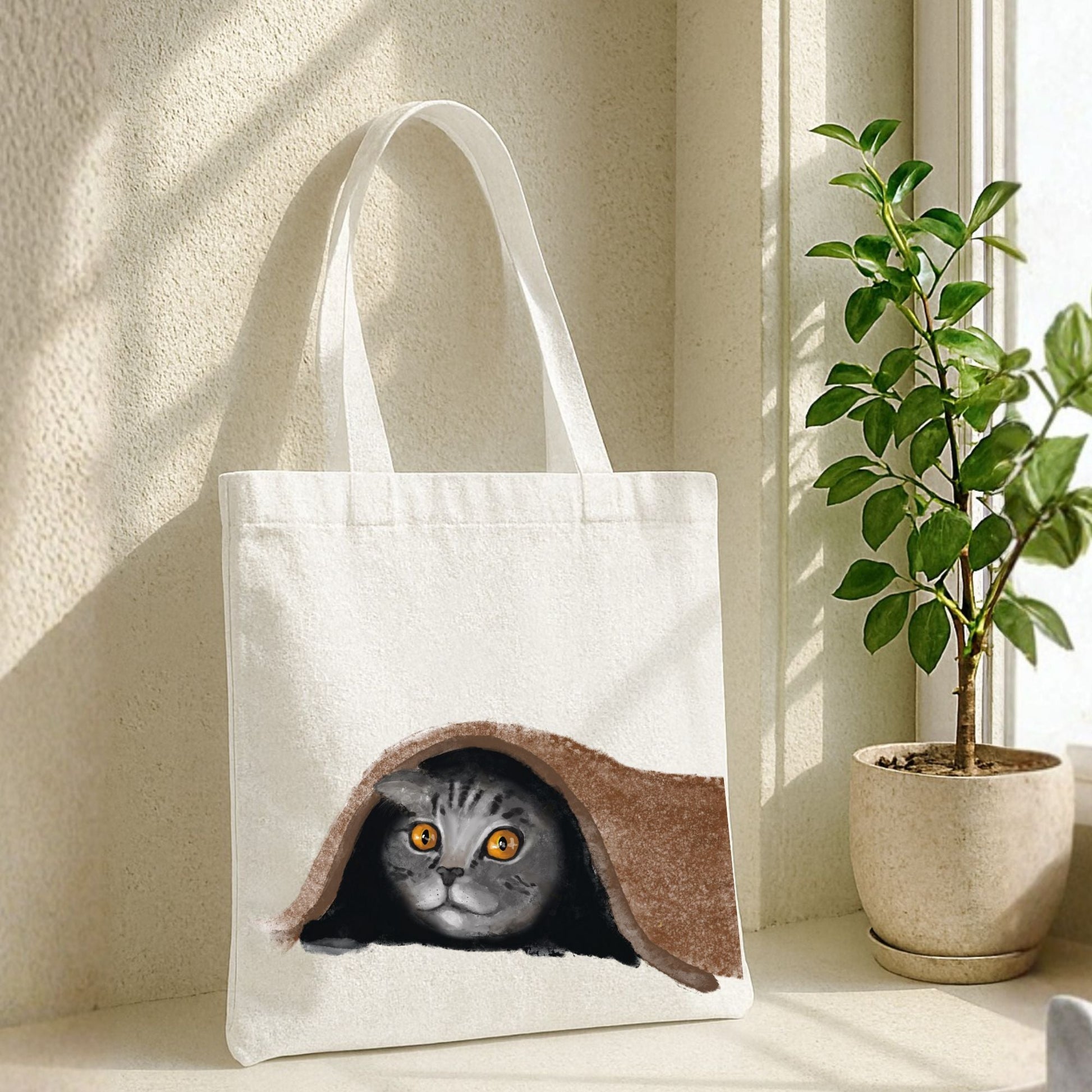 Shy Tabby Cat Under Blanket Illustration Canvas Tote Bag - MerikaArt