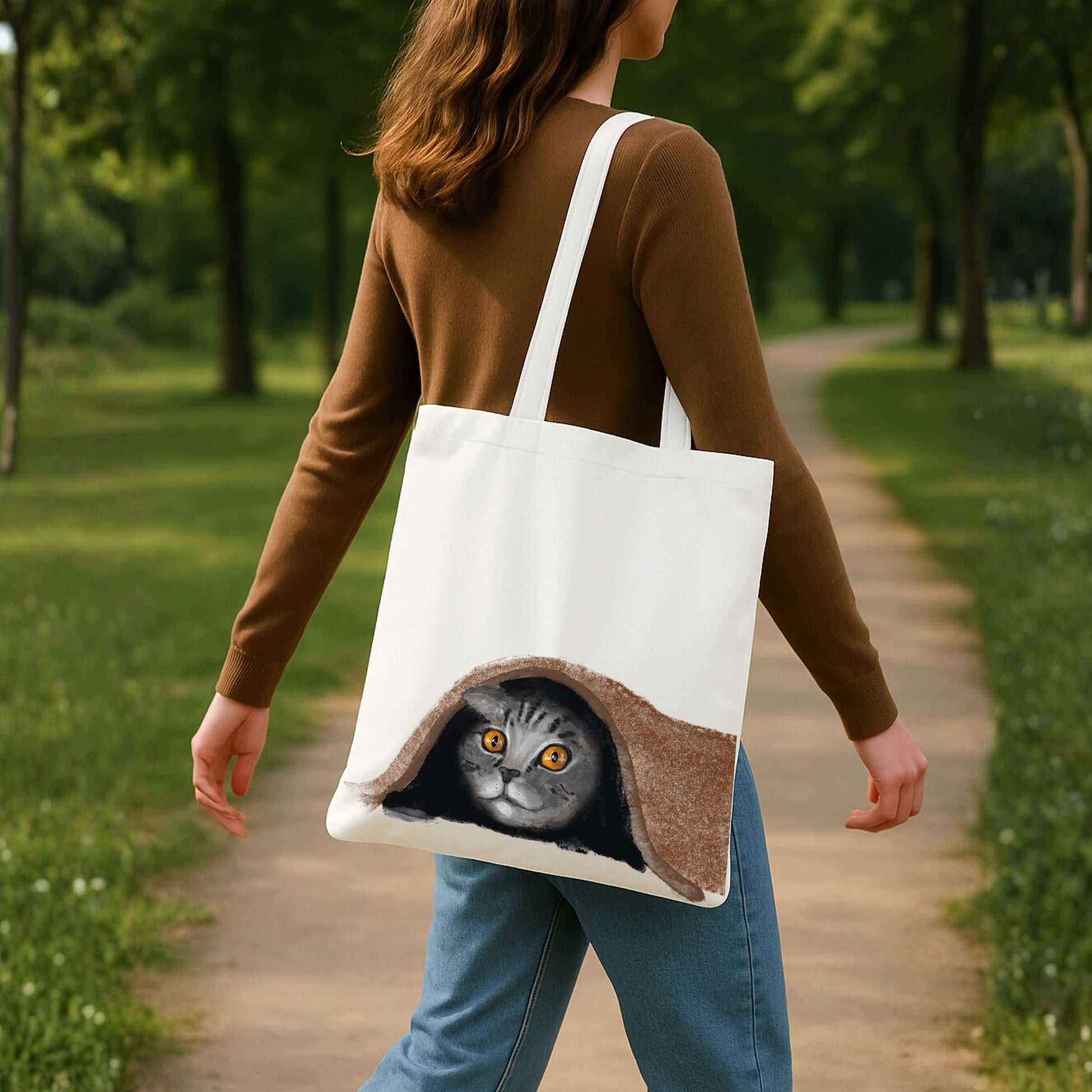 Shy Tabby Cat Under Blanket Illustration Canvas Tote Bag - MerikaArt