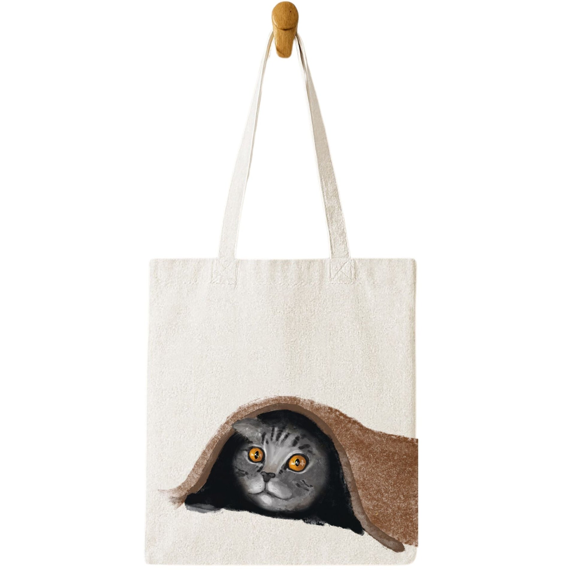 Shy Tabby Cat Under Blanket Illustration Canvas Tote Bag - MerikaArt