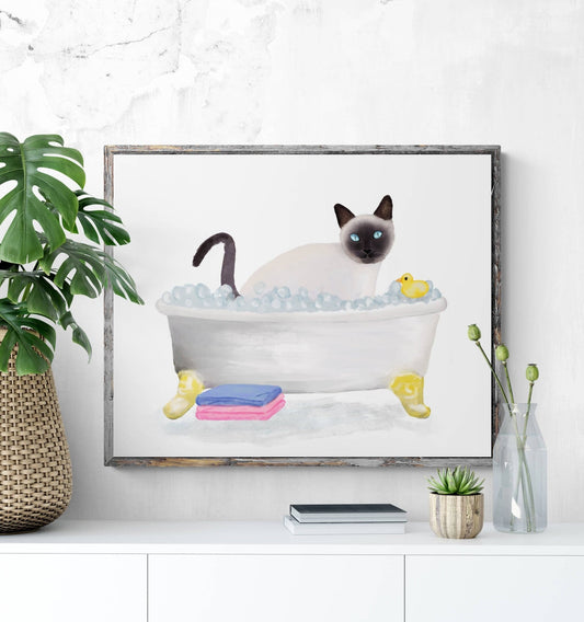 Siamese Cat Bathing Print, Siamese Cat In Bathtub, Bathroom Art, Bathroom Cat Painting, Cat Relaxing In Bath Print, Cat Lover Gift - MerikaArt