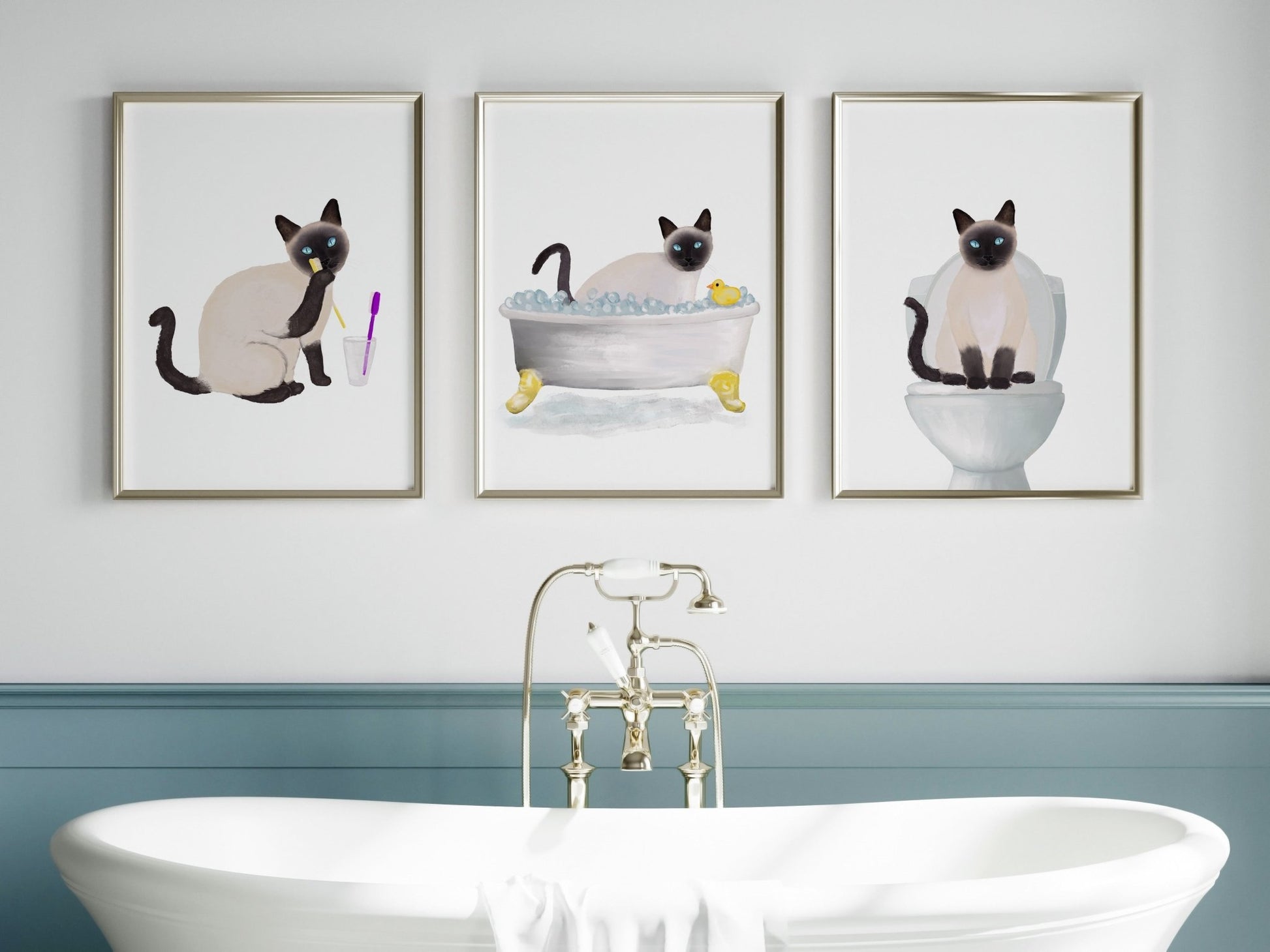 Siamese Cat Bathroom Art Print - Set of 3 - MerikaArt