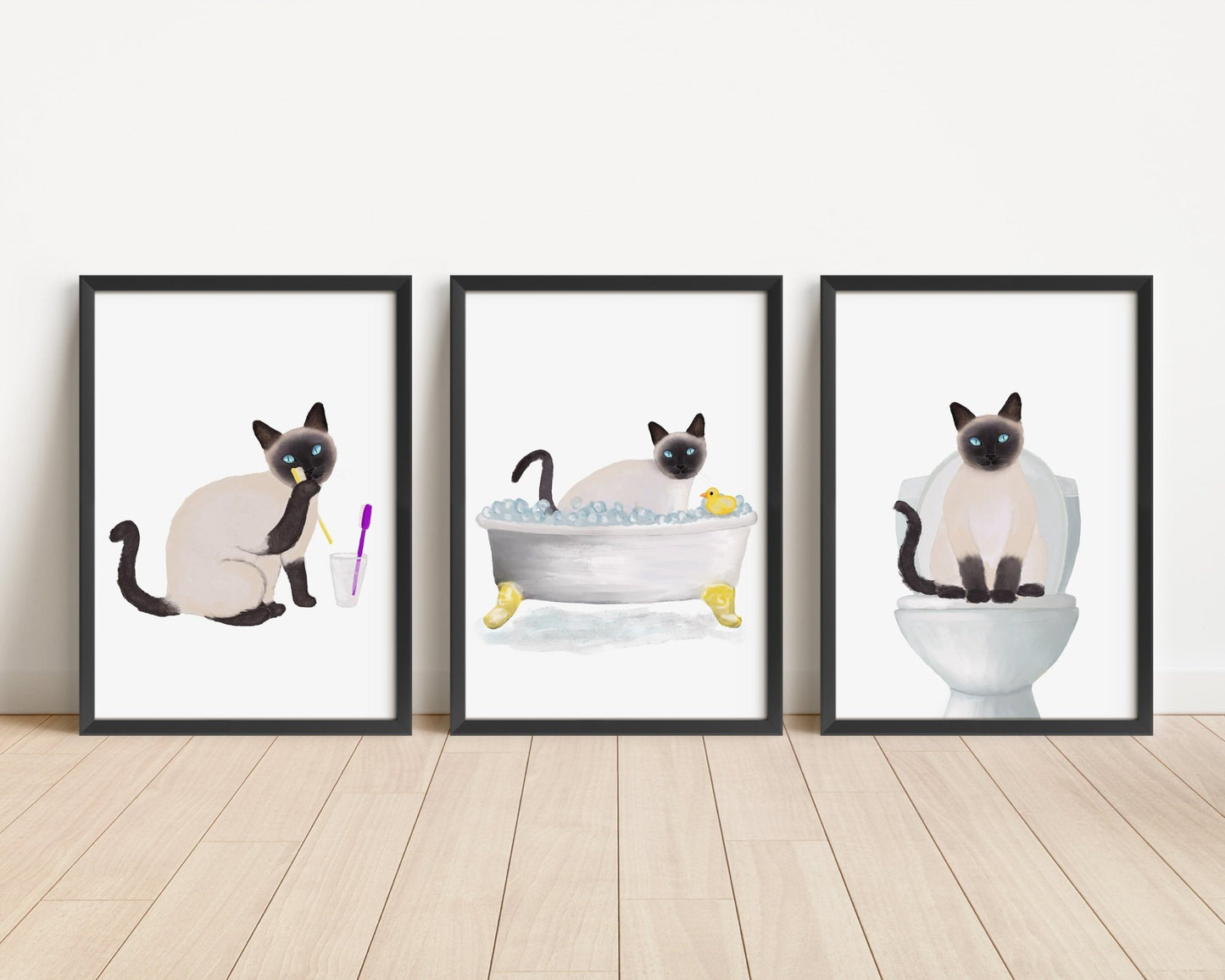 Siamese Cat Bathroom Art Print - Set of 3 - MerikaArt