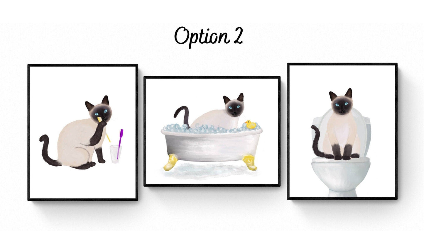 Siamese Cat Bathroom Art Set of 3, Bathroom Wall Decor Set, Cute Black Cat In Bath Art, Cat On Toilet Print, Cat Lover Gift, Cat Spa Day - MerikaArt