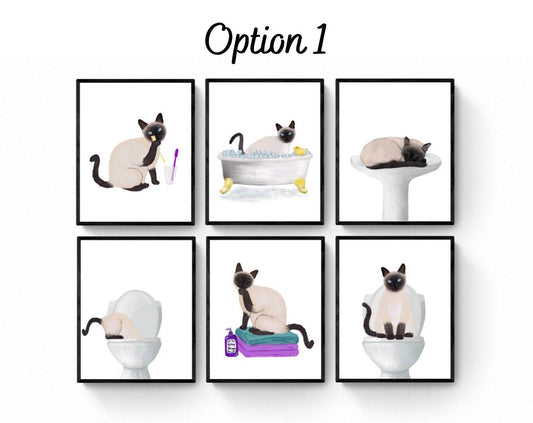 Siamese Cat Bathroom Art Set of 6, Bathroom Wall Decor Set, Cute Black Cat In Bath Art, Cat On Toilet Print, Cat Lover Gift, Cat Spa Day - MerikaArt