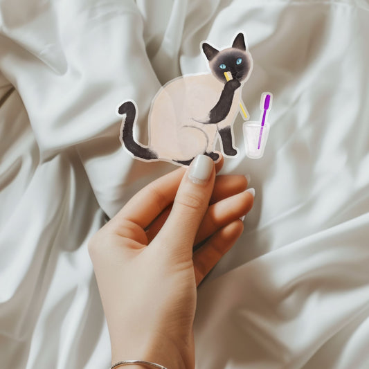 Siamese Cat Brushing Teeth Sticker - MerikaArt