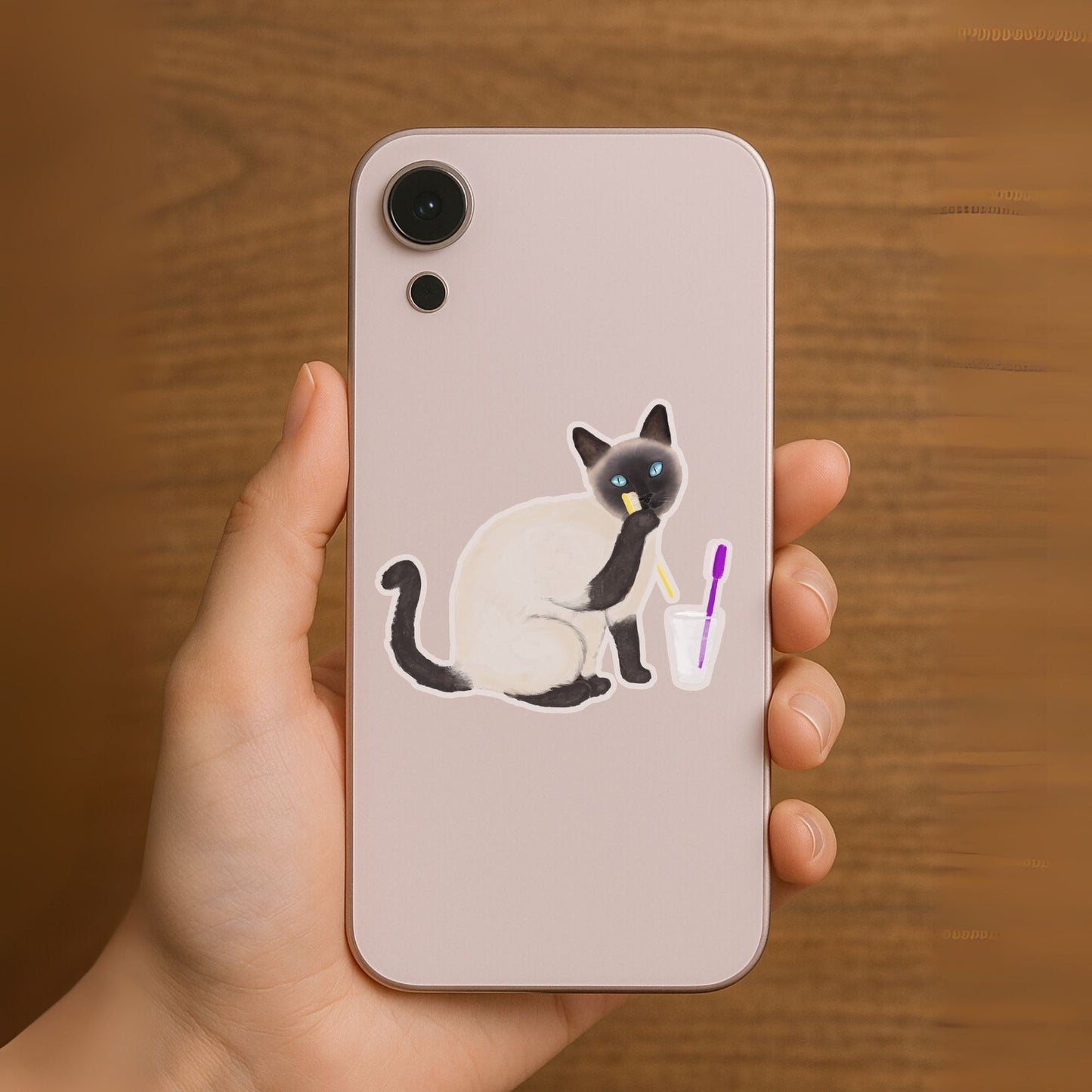 Siamese Cat Brushing Teeth Sticker - MerikaArt